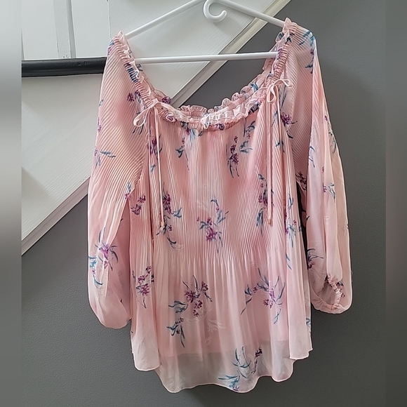 Lane Bryant Pink Floral Chiffon Overlay Off Shoulder Babydoll Top 14/16 1X Plus - Picture 2 of 7